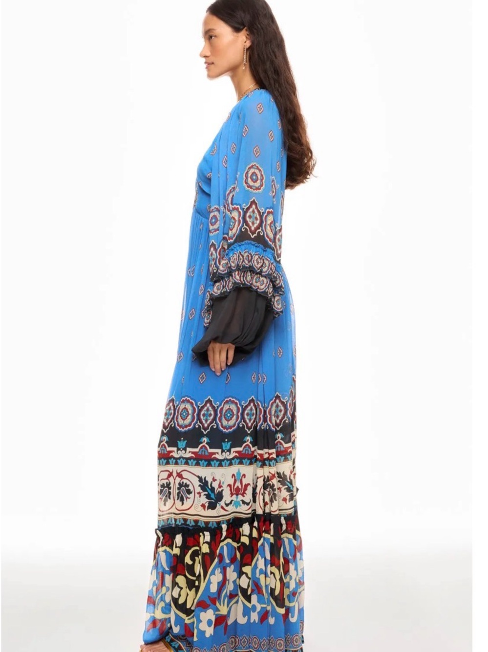 FARM Rio Ainika Tiles Maxi Dress Blue Long Sleeve V Neck Tiered Flowy - Picture 12 of 14